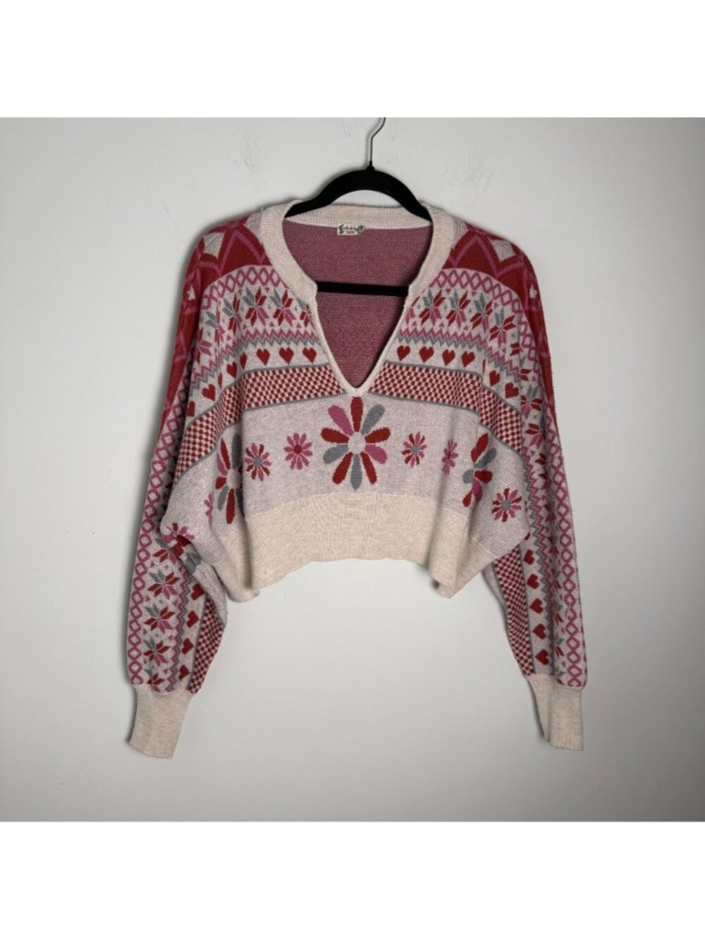 Free People Cocoa Kisses Sweater Wool Blend Fair Isle Heart Floral Sm Loungewear - Picture 4 of 8
